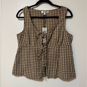 Vigoss Tan Checkered Tie-Front Blouse